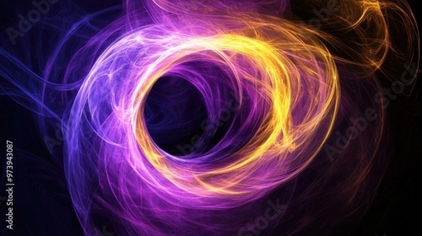 Fototapeta A mesmerizing abstract image of a purple and yellow geometric smoke circle on a black background.