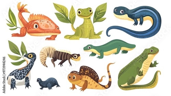 Fototapeta Collection of Cartoon Lizards with Different Colors and Patterns