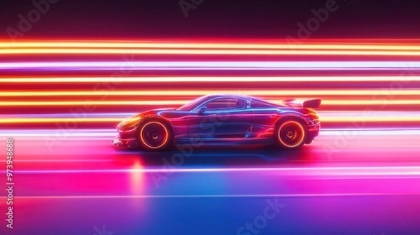 Fototapeta A fast car zooms past, the neon lights creating a blur of glowing lines behind it