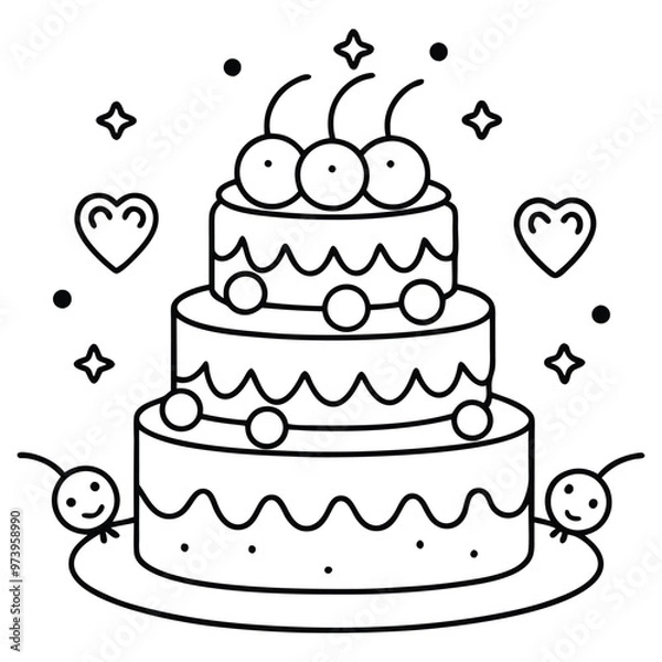 Fototapeta A sweet line drawing of a tiered cake with cherries, frosting, balloons, and hearts all around it.