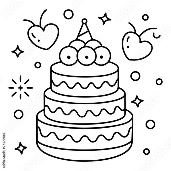 Fototapeta A sweet line drawing of a tiered cake with cherries, frosting, balloons, and hearts all around it.