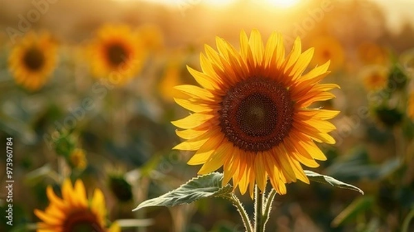 Obraz Golden Hour Sunflower Glory: A radiant sunflower basks in the warm glow of sunset, its petals ablaze with golden light in a picturesque field. 
