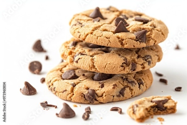 Obraz Stack of chocolate chip cookies on a white background 