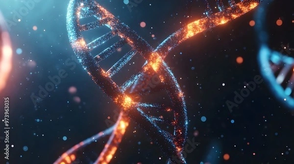 Obraz Stunning visualization of DNA strands glowing against a dark background, showcasing the beauty of genetic structures and life's essence.