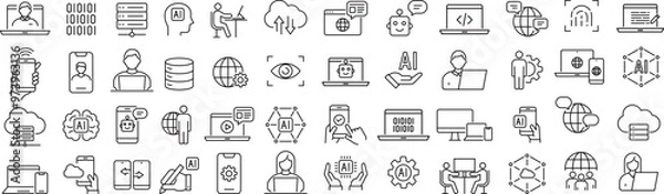 Obraz ベクターでモノクロのテクノロジーの線画アイコンセット