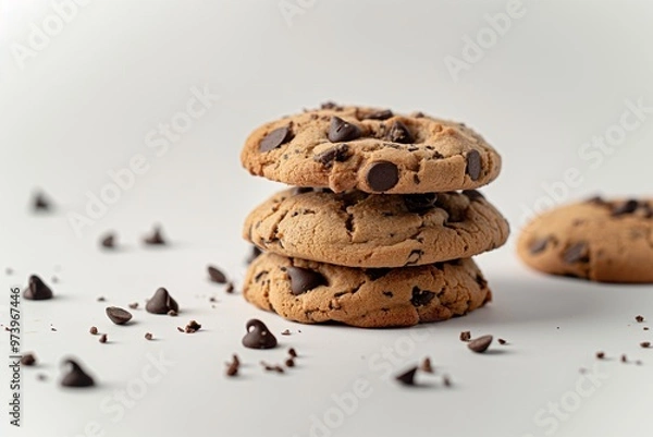 Obraz Stack of chocolate chip cookies on a white background 