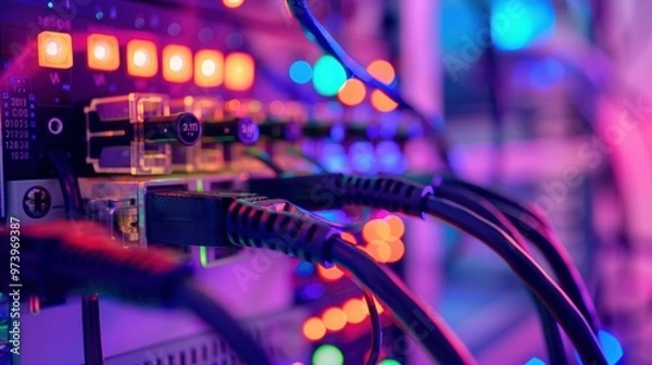 Fototapeta Server Room Interconnectivity: A close-up, abstract view of cables and connectors in a brightly lit server room, highlighting the intricate network infrastructure powering modern technology.