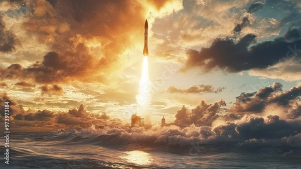 Fototapeta A breathtaking rocket launch against a stunning sunset sky, symbolizing innovation and exploration over the ocean waves.