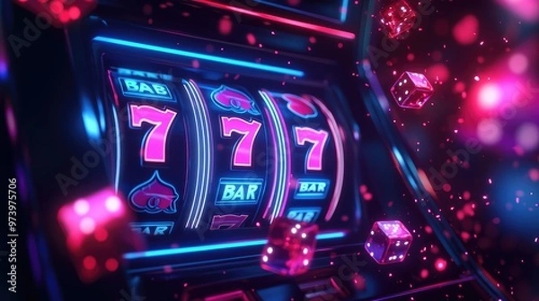Fototapeta Jackpot symbols aligned on a casino slot machine reel, with neon lights and sparkling effects highlighting the thrill of gambling