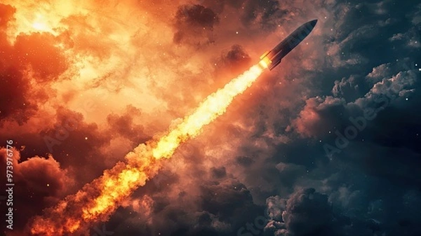 Fototapeta A dramatic rocket launch piercing through fiery clouds, symbolizing innovation, exploration, and the power of technology.