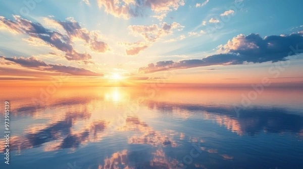 Fototapeta A serene sunset over calm waters with golden and pink hues reflecting in the sky, clouds scattering across the horizon.