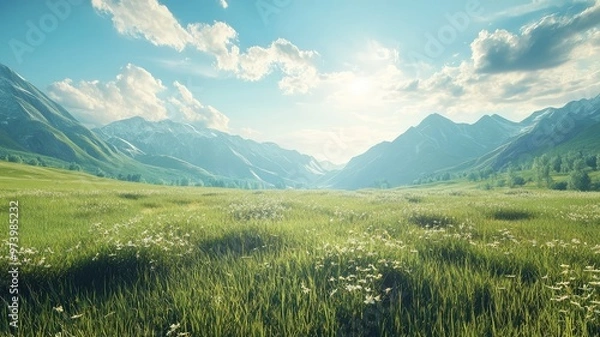 Fototapeta A serene landscape showcasing lush green grass and majestic mountains under a bright blue sky with fluffy clouds.