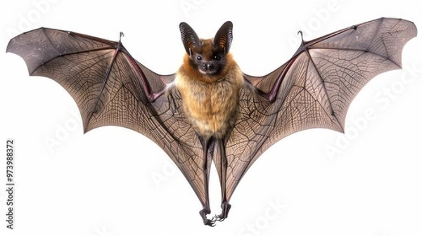 Obraz A bat with outstretched wings hanging upside down isolated on white background
