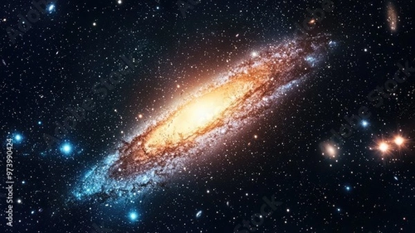 Fototapeta A stunning view of a spiral galaxy illuminated by bright stars, showcasing the mystery and beauty of the universe.