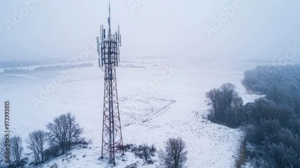 Fototapeta Aerial view of a cell tower surrounded by a snow-covered landscape, highlighting technology and nature in winter.