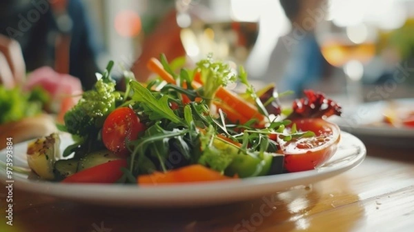 Fototapeta bioengineered food, a futuristic plate of bioengineered vegetables and meat alternatives, highlighting advancements in food technology, eco-friendly and innovative meal presentation