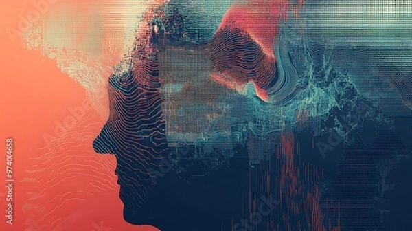 Fototapeta The abstract head silhouette, bathed in warm sunlight, represents the intersection of human mind and cosmic energy, a fractal tapestry of imagination and power