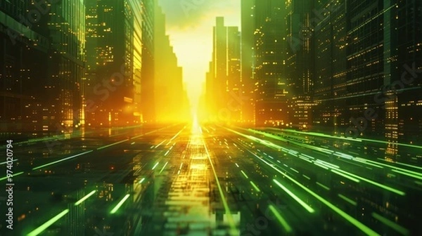 Fototapeta Breathtaking futuristic cityscape with towering skyscrapers glowing neon lights and dynamic traffic patterns showcasing the rapid technological advancement and urban progress of a modern metropolis