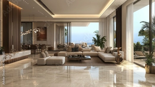 Fototapeta Spacious living room with custom-built furniture, high ceilings, and sleek marble floors, offering a luxurious and open feel.