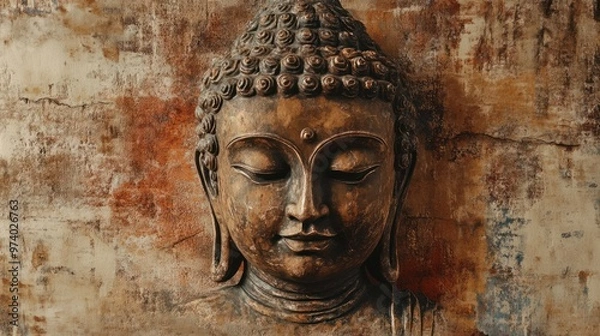 Fototapeta Antique style Buddha painting with a vintage look, using earthy tones and aged textures, reminiscent of old sacred manuscripts