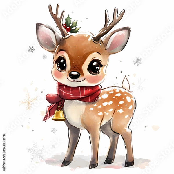 Fototapeta cute christmas reindeer in watercolor, isolated on white background, generated ai