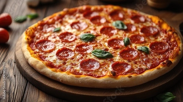 Fototapeta Mouthwatering Freshly Baked Pizza on a Rustic Wooden Table Perfect for Culinary Promotion and Italian Cuisine Illustrations