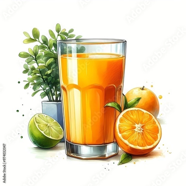 Fototapeta Fresh Orange Juice in a Glass with Sliced Oranges and Lime Illustration