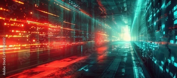 Fototapeta Futuristic glowing city tunnel with neon lights digital motion and high tech architecture  Abstract urban environment with a modern tech infused atmosphere and a sense of movement and energy