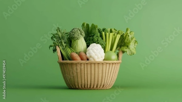 Fototapeta A wicker basket filled with fresh green vegetables like broccoli, lettuce, and celery on a green background symbolizing healthy organic produce.