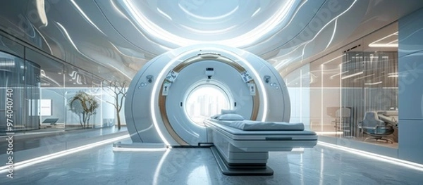 Fototapeta Futuristic and technologically advanced medical imaging room with state of the art MRI scanning equipment in a modern clean and bright hospital facility  The sleek minimalist design and curved