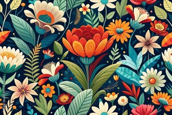 Fototapeta Decorative Floral Patterns. Seamless Flower Textures. Assorted Floral Illustrations. Floral Design Backgrounds. Flower Motif Patterns.