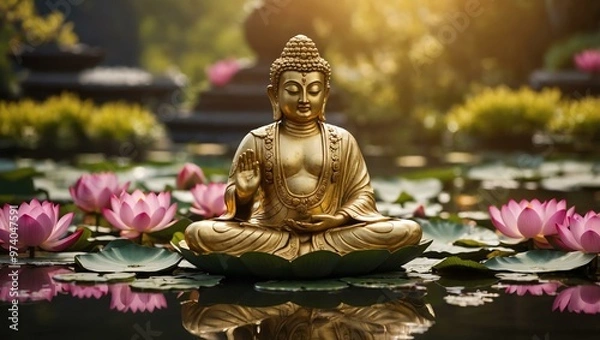 Fototapeta A golden deity statue, surrounded by lotus flowers and coins, representing prosperity and peace.