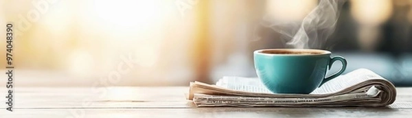 Fototapeta Turquoise coffee cup paired with a newspaper on a warm wooden surface, representing relaxation and daily habits, Morning coffee, Daily news