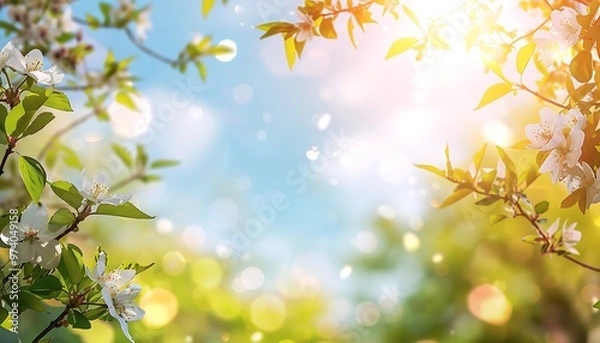 Fototapeta Beautiful blue sky with clouds and green leaves on a bright sunny day