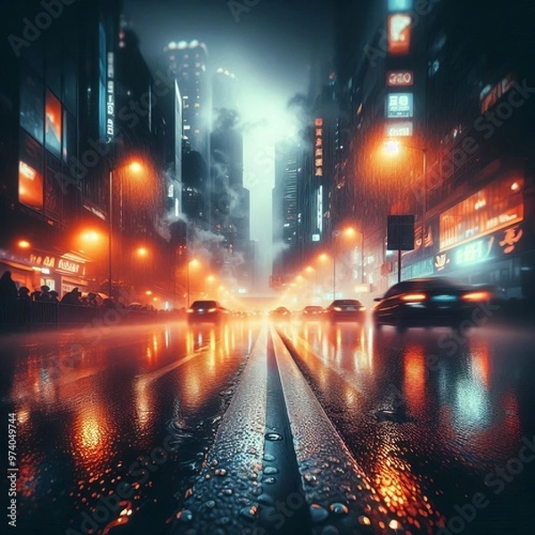 Fototapeta Nighttime city traffic with vibrant lights illuminating the roads and buildings, capturing the motion and energy of urban life