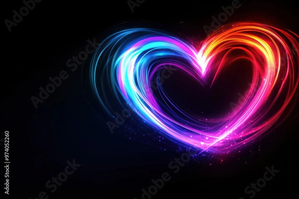 Fototapeta Bright neon heart with colorful light streaks