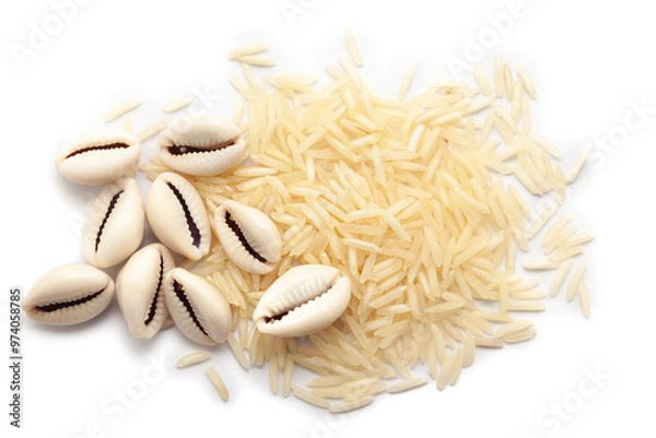 Obraz Top view of Cowries (Cypraea chinensis) placed over a pile of rice, isolated on a white background.