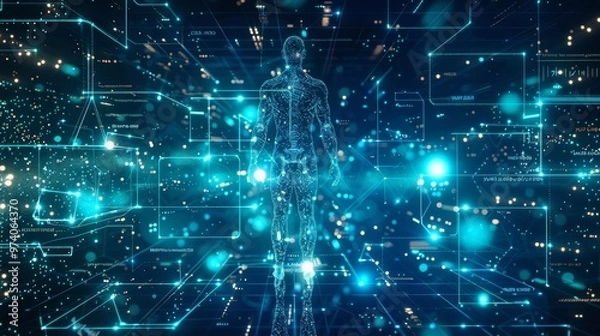 Fototapeta Detailed human body outline illustrating circulatory system and brain neural networks
