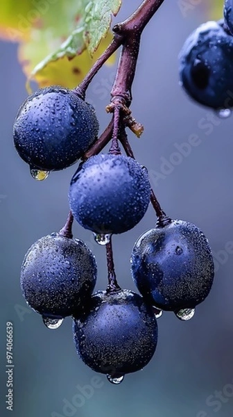 Fototapeta  Blueberries dangle from a tree branch, adorned with water-speckled leaves and ripe fruits clinging on