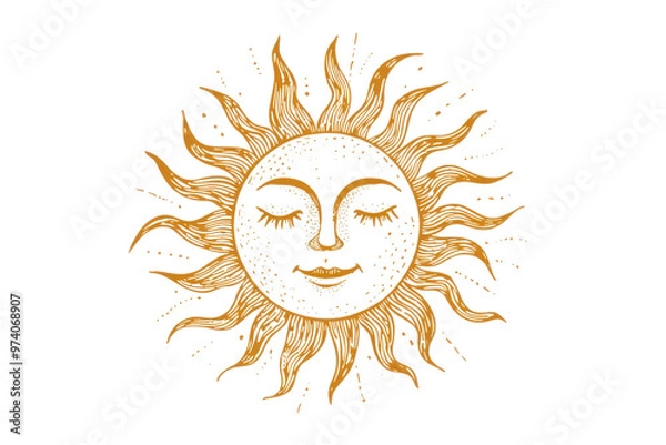 Fototapeta Vintage sun illustration with a face, rustic and artistic design. Perfect for decor, print art, and creative projects.