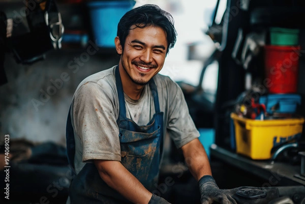 Fototapeta A man with a beard and mustache is smiling in front of a workbench