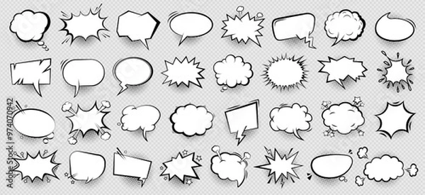 Obraz Retro hand drawn empty comic speech bubble, cloud text message box or sticker set with black halftone shadow in pop art cartoon style. Business communication symbol. Chat box, idea or quote balloon.