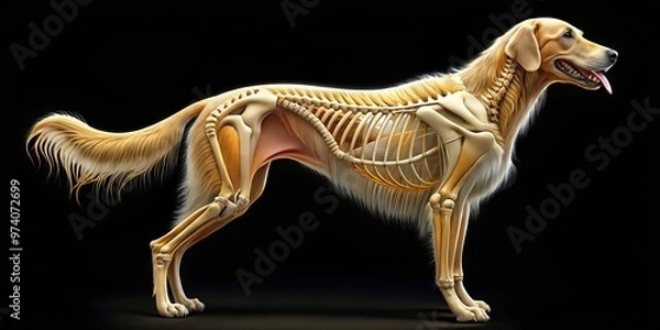 Obraz Close-up of a golden retriever's skeletal system, showcasing detailed bones and joints, set against a stark black