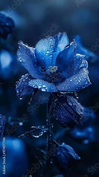 Fototapeta  A tight shot of a blue bloom dotted with dewdrops, surrounded by a soft, blurred backdrop of blue blossoms