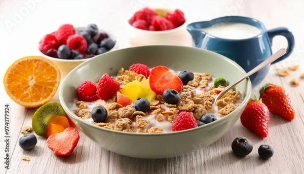 Obraz Cereal with milk and mix fruits