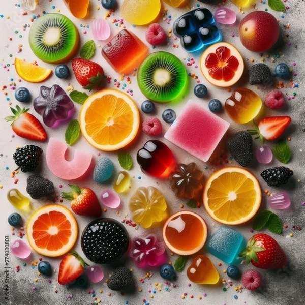 Fototapeta Flatlay of assorted jelly fruits and sprinkles textured background

