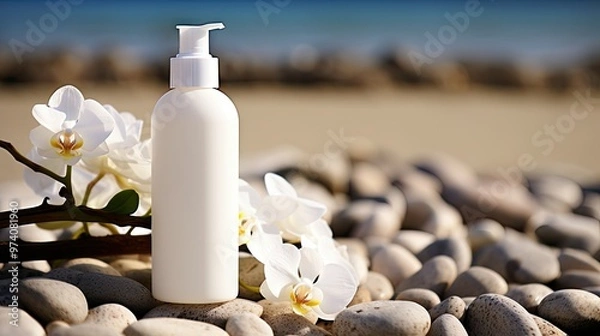 Obraz White lotion bottle on stones