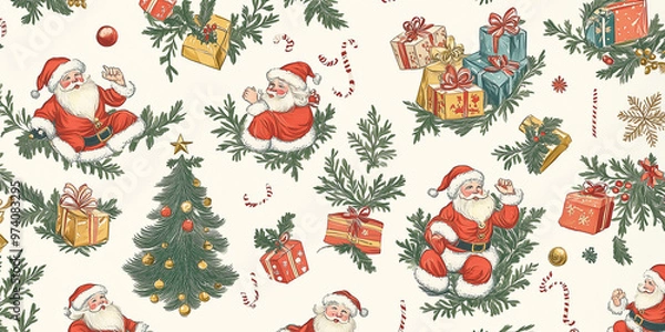 Obraz Weihnachtsmann Geschenkpapier Postkarte oder Hintergrund. Nostalgisch