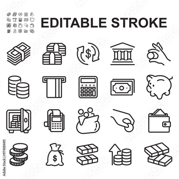 Fototapeta Set of financial icons. Thin line style vector. Contains icons such as banknotes, money safe, coins and others.