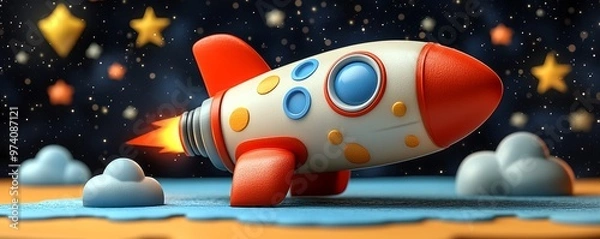 Fototapeta Colorful toy rocket launching into a starry space scene, ideal for children's themes and adventure concepts.